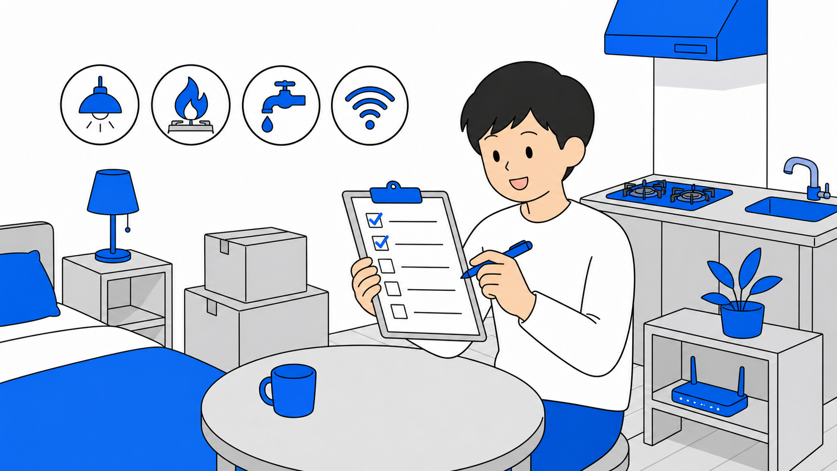 引っ越しのライフライン手続きをリストで確認する人のイラスト