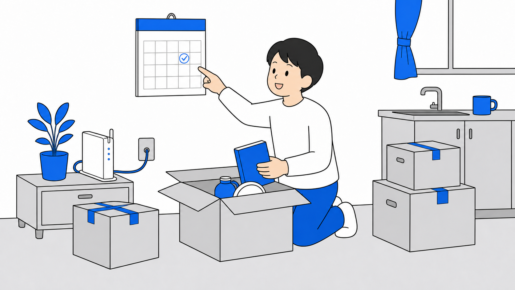 引っ越し先の新居で光回線の開通を待ちながら段ボールを片付ける人のイメージ