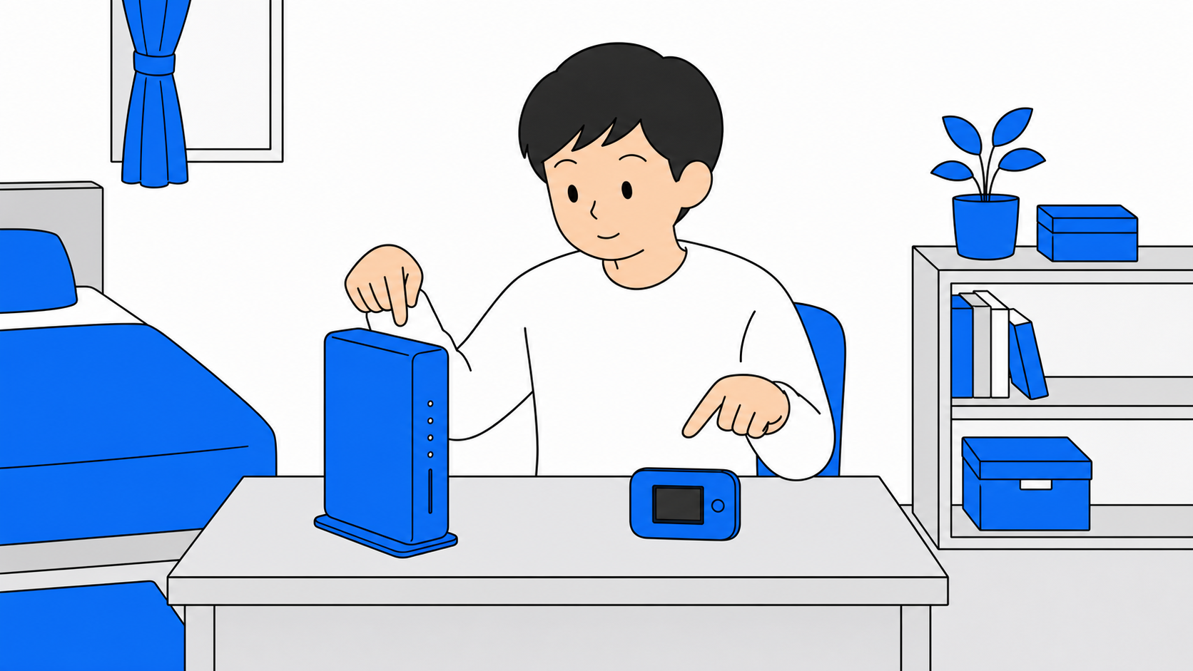届いたばかりのホームルーターと短期レンタルWiFiルーターを並べて比較するイメージ