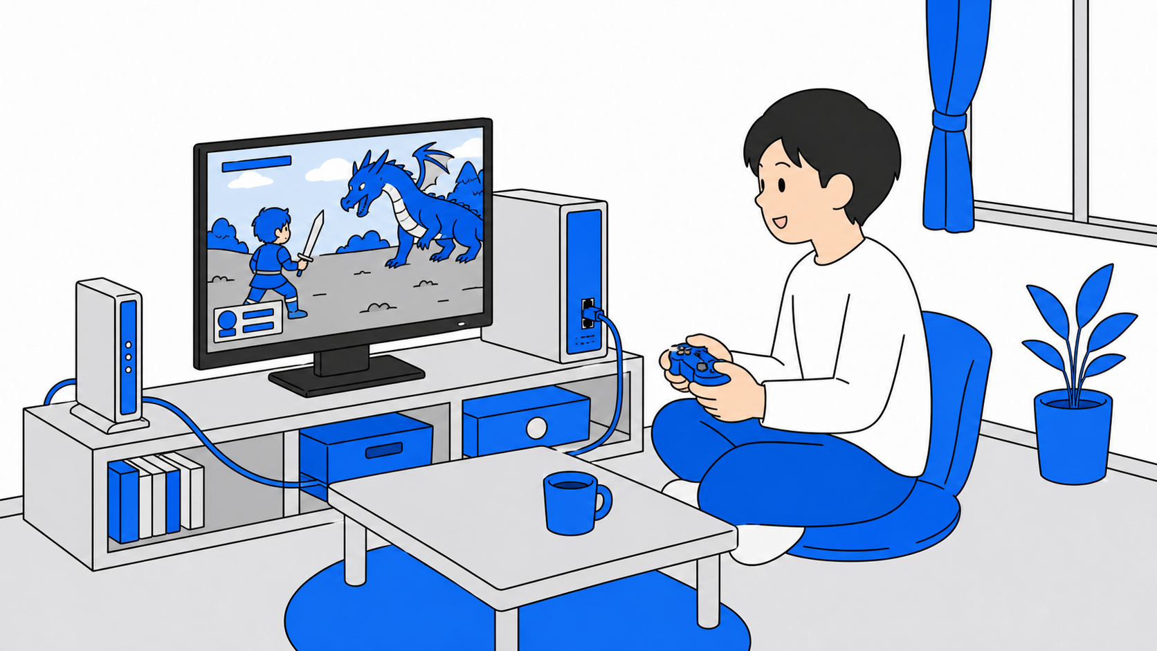 有線LANで安定して対戦ゲームを楽しむ一人暮らしのイラスト