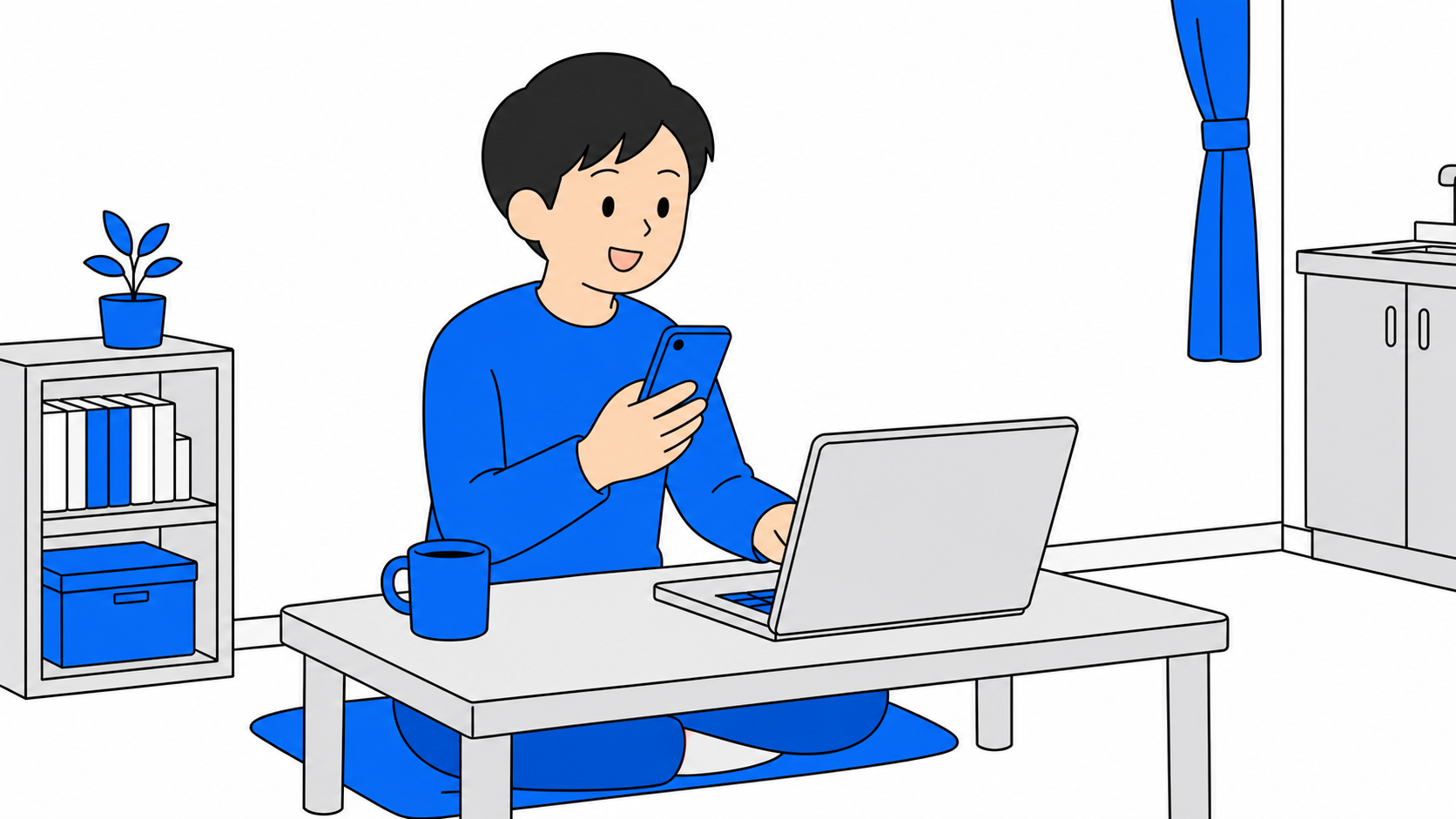 スマホとパソコンでデータ容量を確認する一人暮らしのイラスト