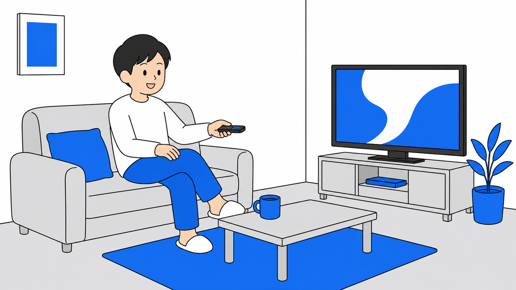 ソファで動画配信を楽しむ一人暮らしのイラスト