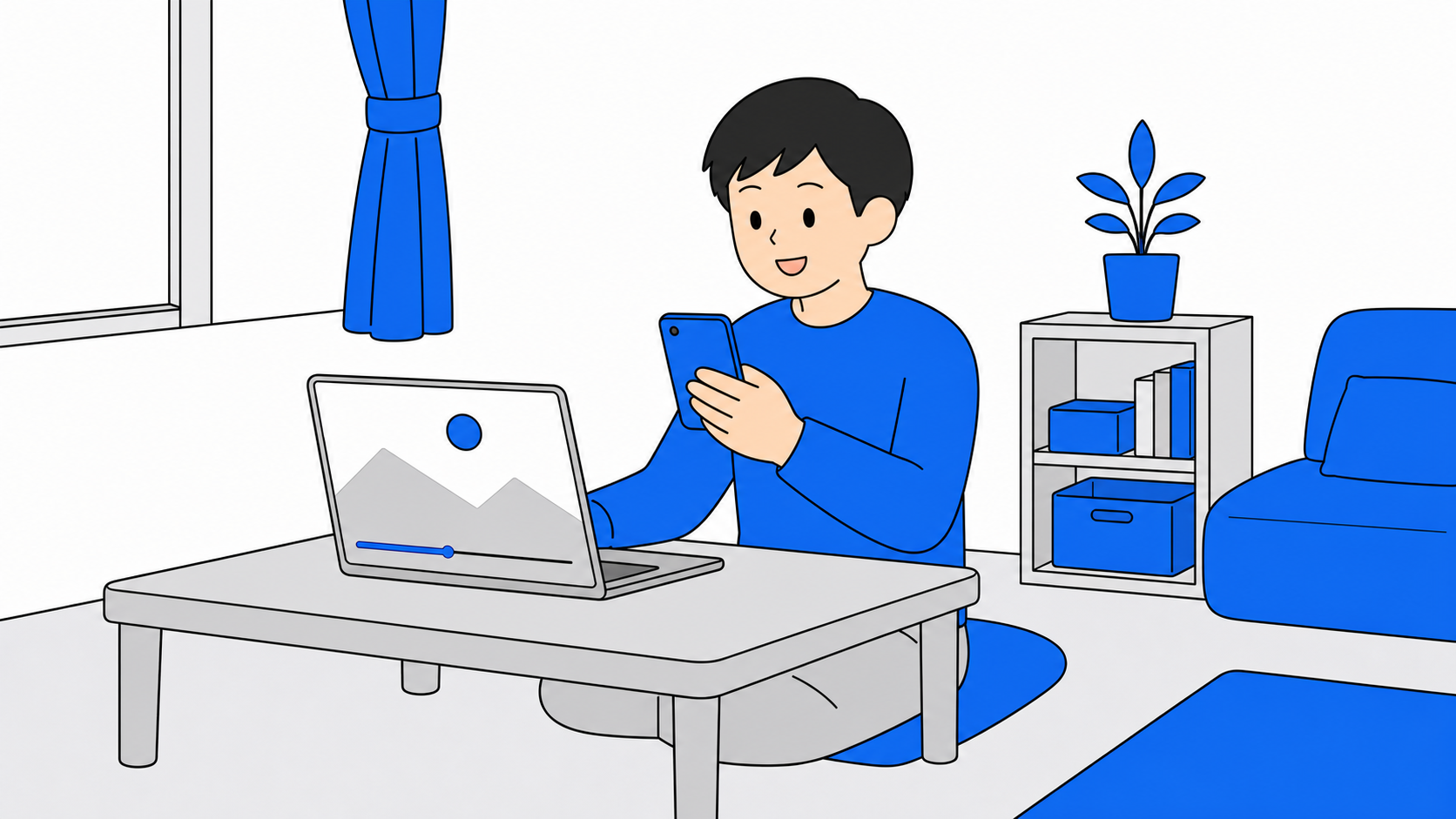 ノートパソコンとスマホで動画配信を楽しむ一人暮らしのイラスト