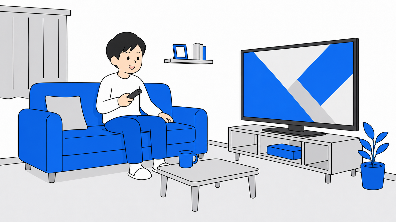 ソファでくつろぎながら大画面で動画を見る一人暮らしのイラスト