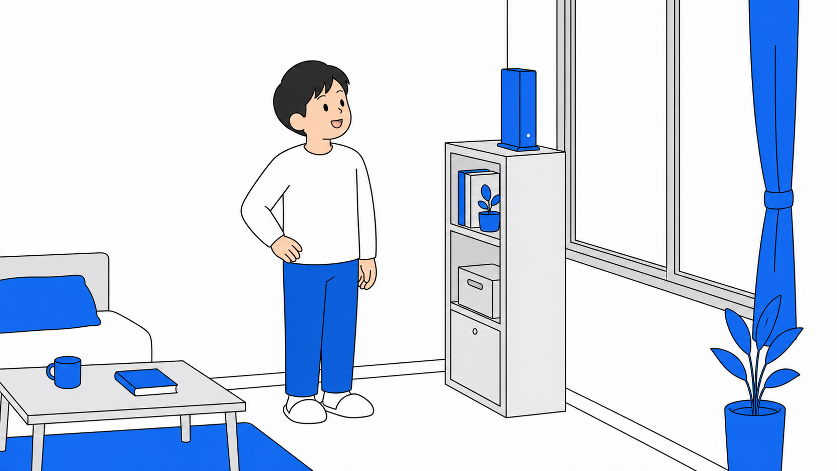 ホームルーターを窓際の高い位置に置いたイメージのイラスト