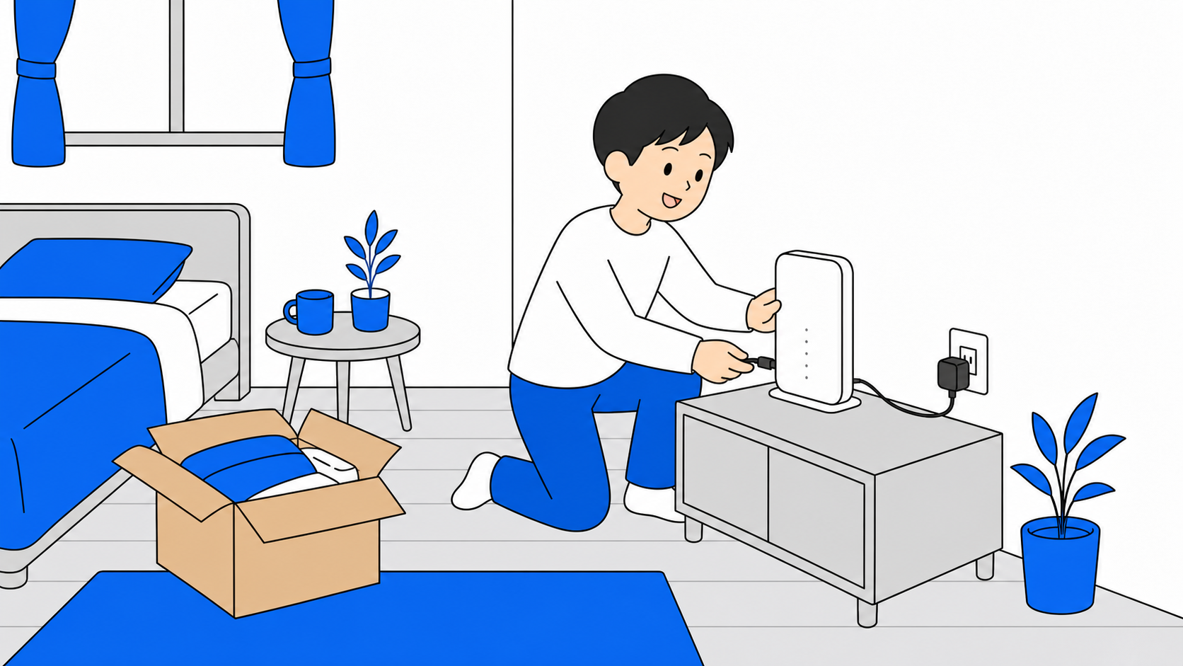 ホームルーターを新居に運んで設置する人のイラスト