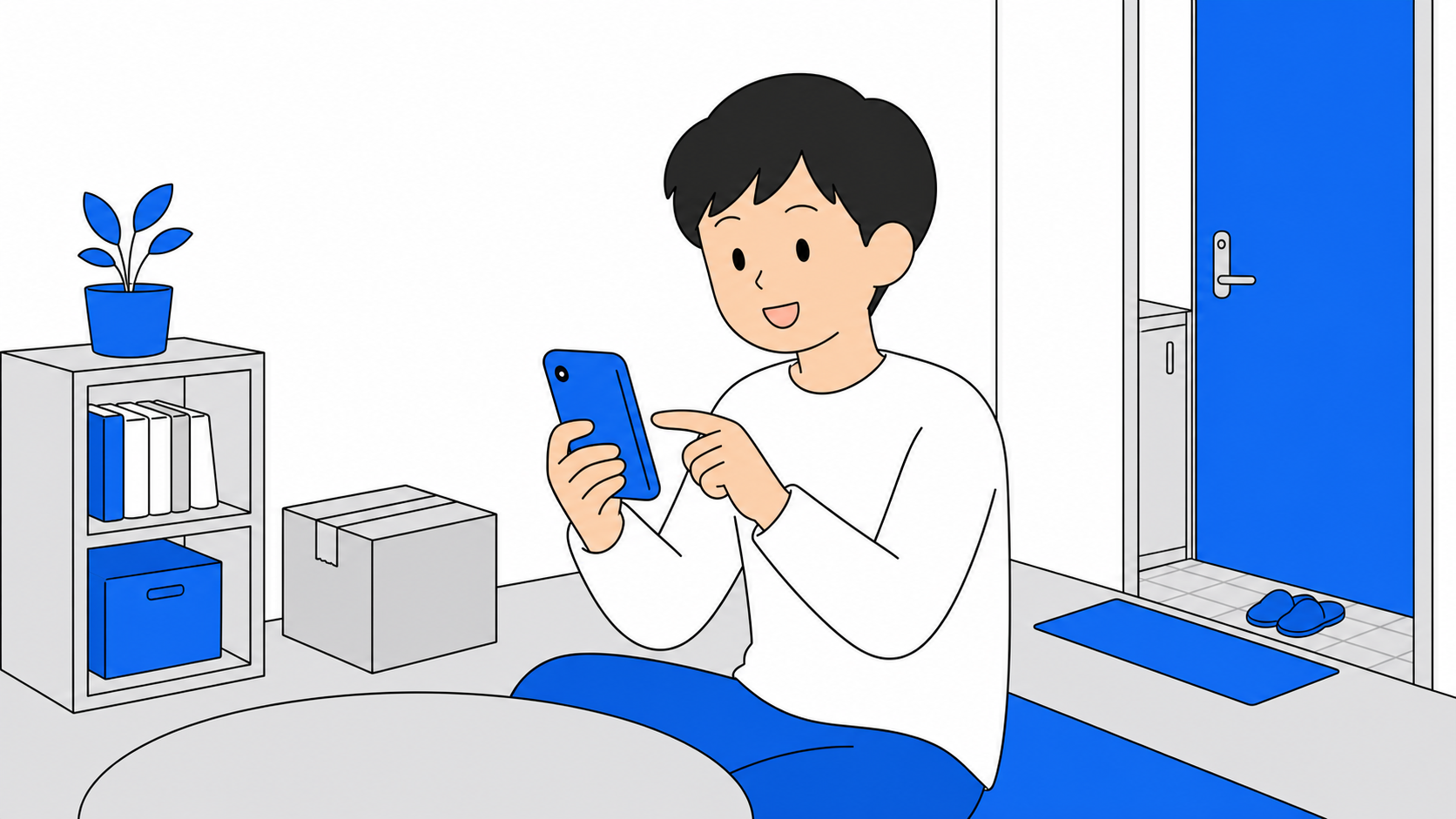 スマホで住所変更の手続きをする人のイラスト