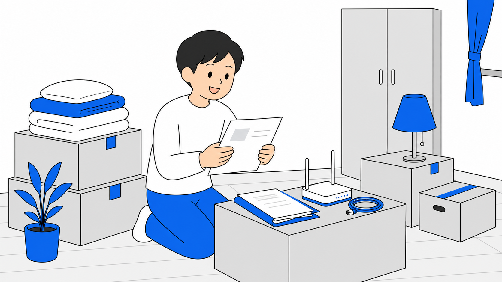 引っ越しの荷物とネット回線の契約書類のイメージ