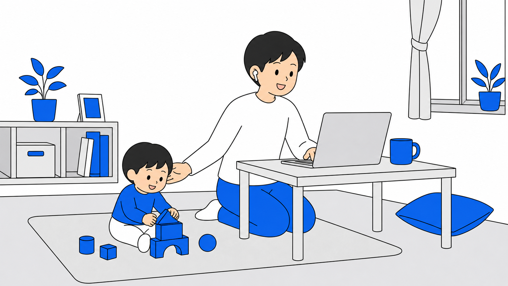 在宅育児をしながらオンライン会議をするイメージ