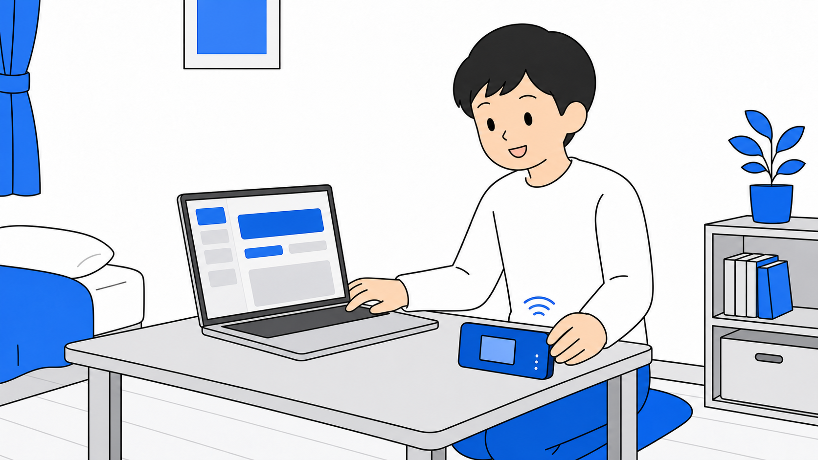 レンタルルーターの設定画面を確認する一人暮らしの人のイメージ
