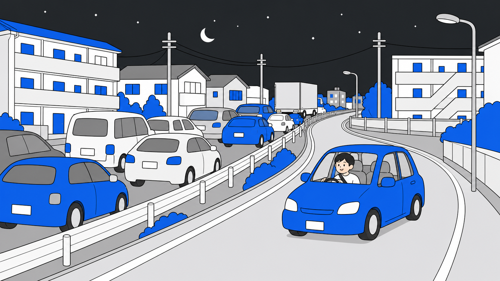 夜に混雑する道路を迂回路で抜けるイラスト