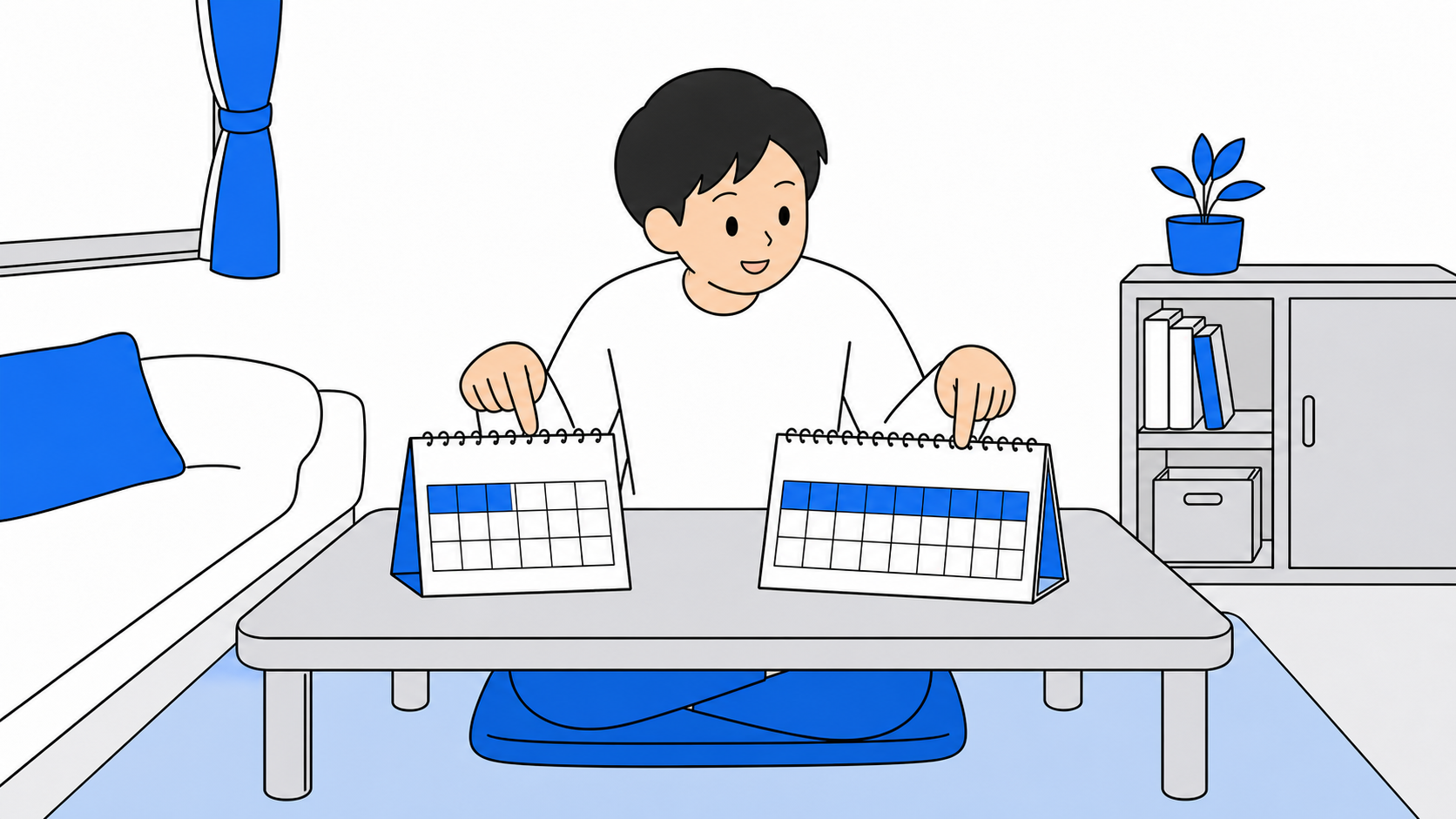 一人暮らしの部屋でイツキ光とビジモ光の契約期間の長さを見比べているカレンダーのイラスト