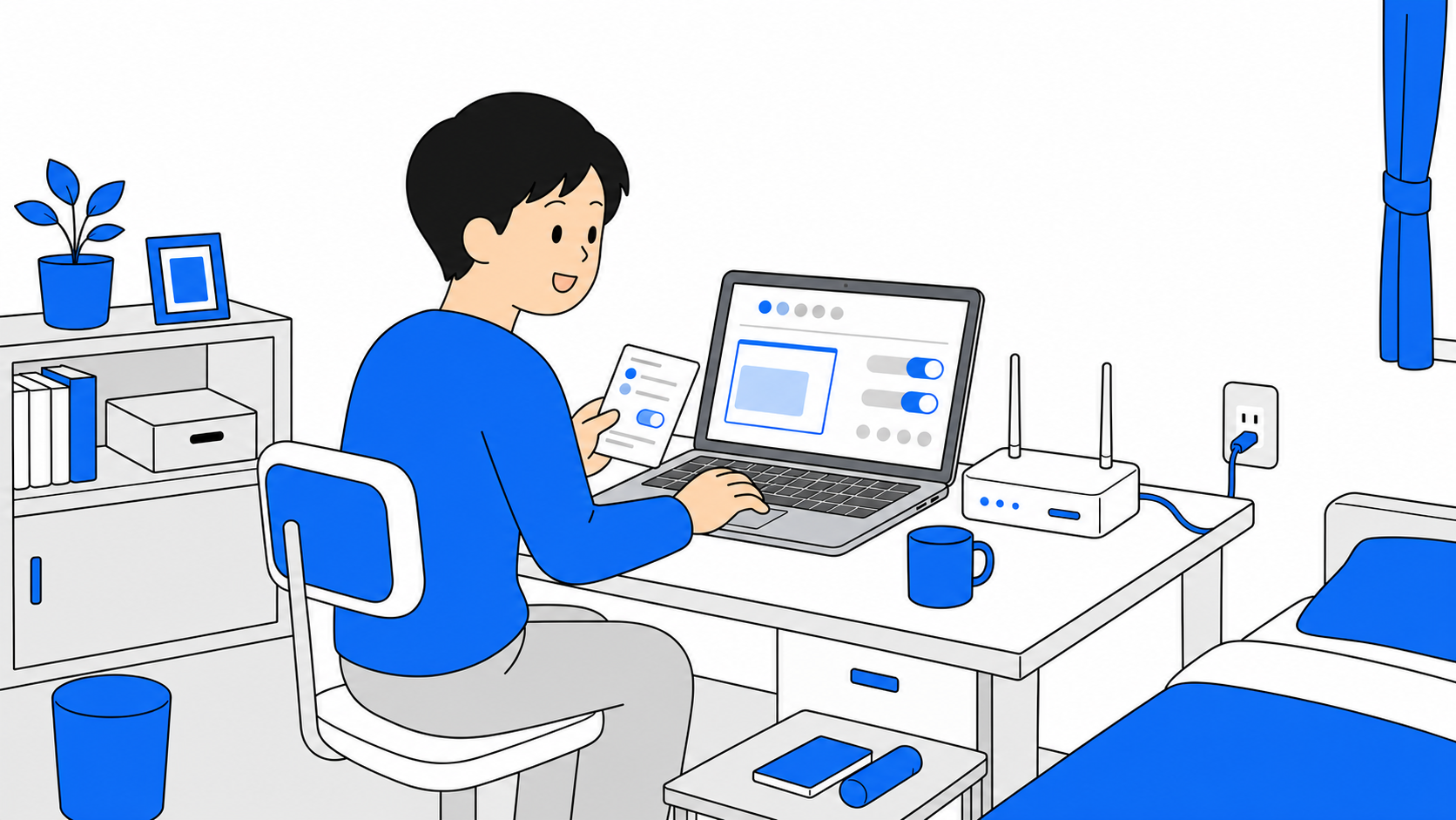 一人暮らしの部屋でルーターの設定画面を見ながらv6プラスや固定IPの案内を確認している人のイラスト