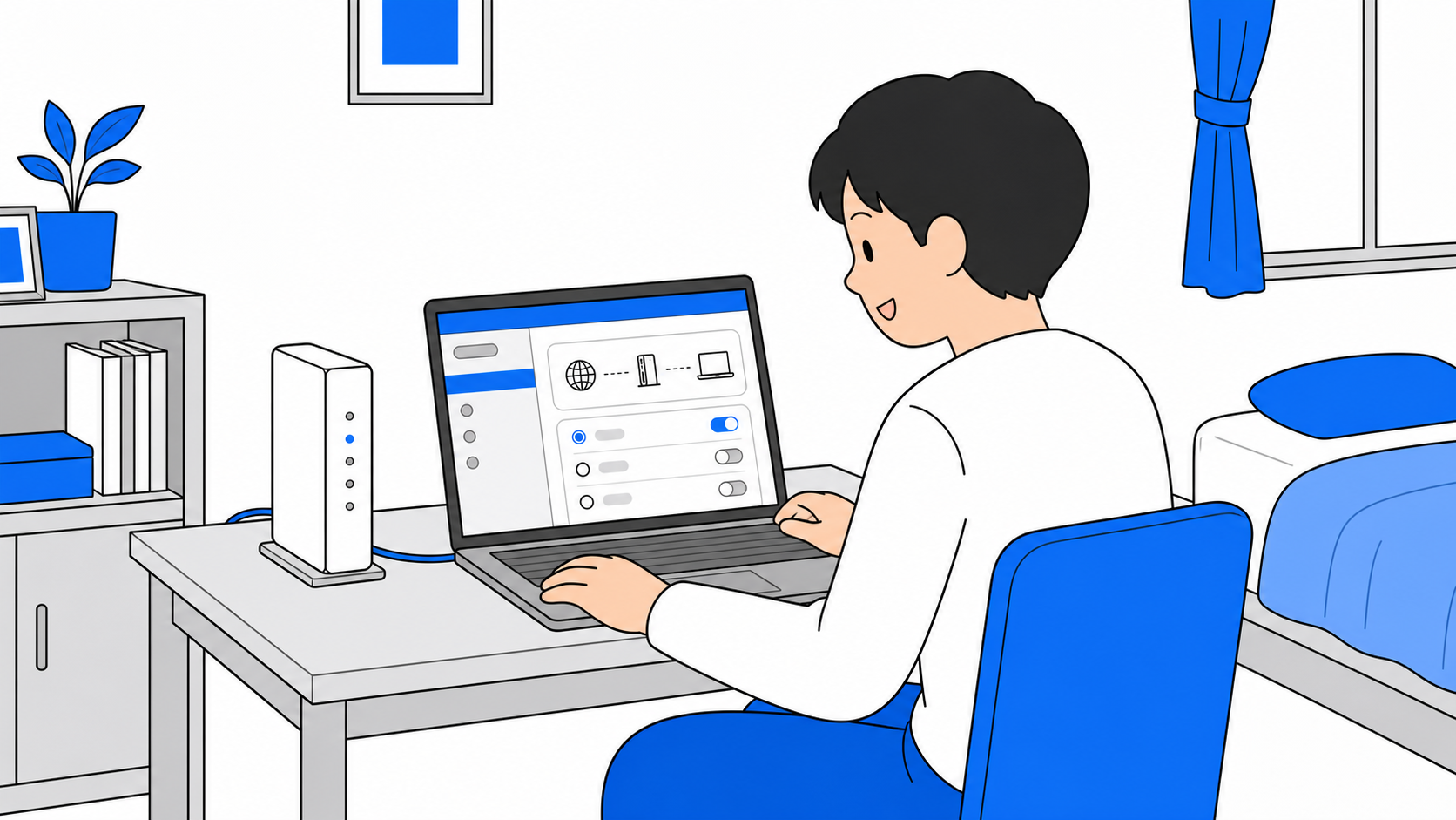 一人暮らしの部屋でルーターの設定画面を見ながらv6プラスの表示を確認している人のイラスト