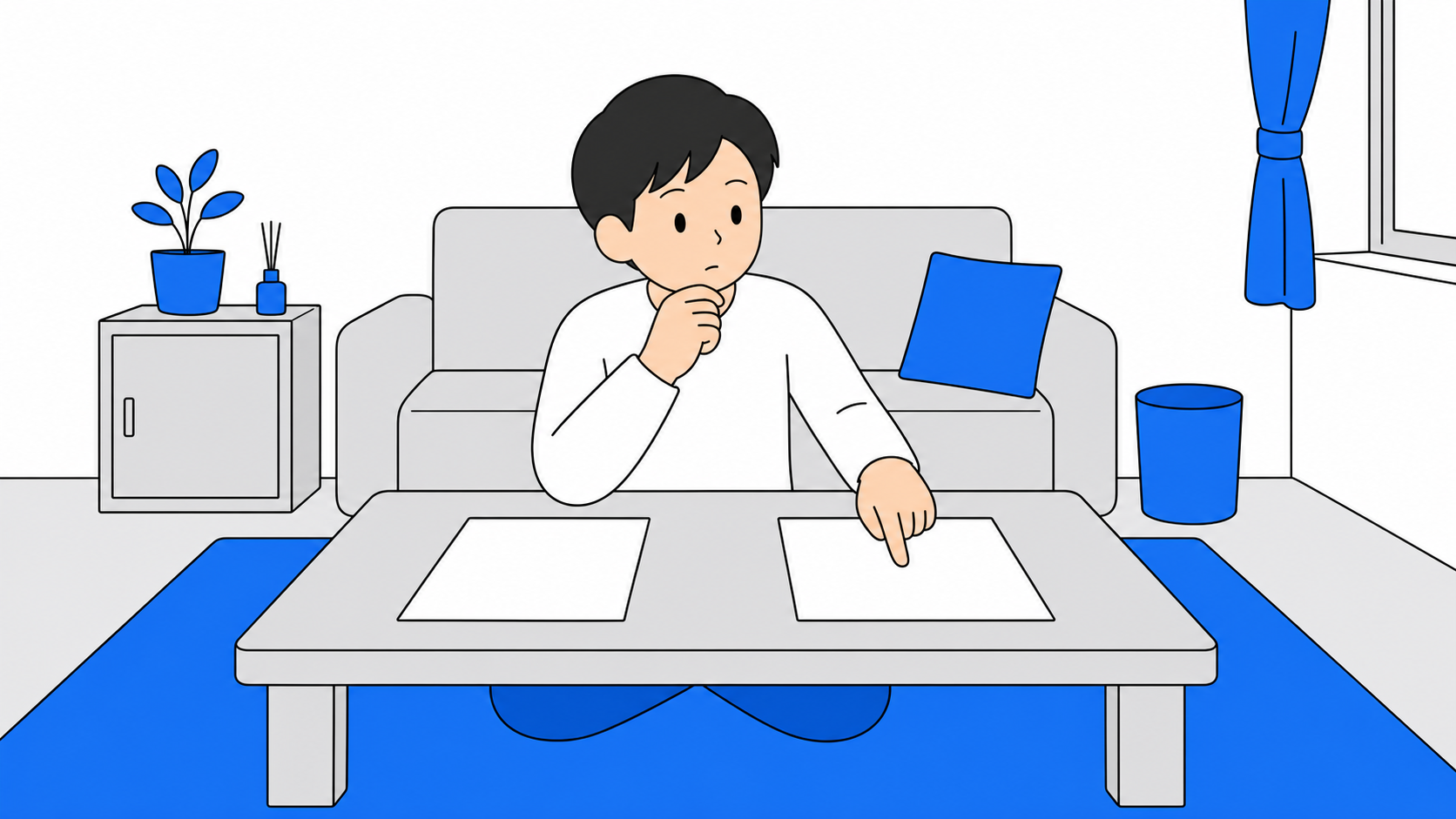 一人暮らしの部屋で2つの光回線の料金プランを見比べながらどちらか選んでいる人のイラスト
