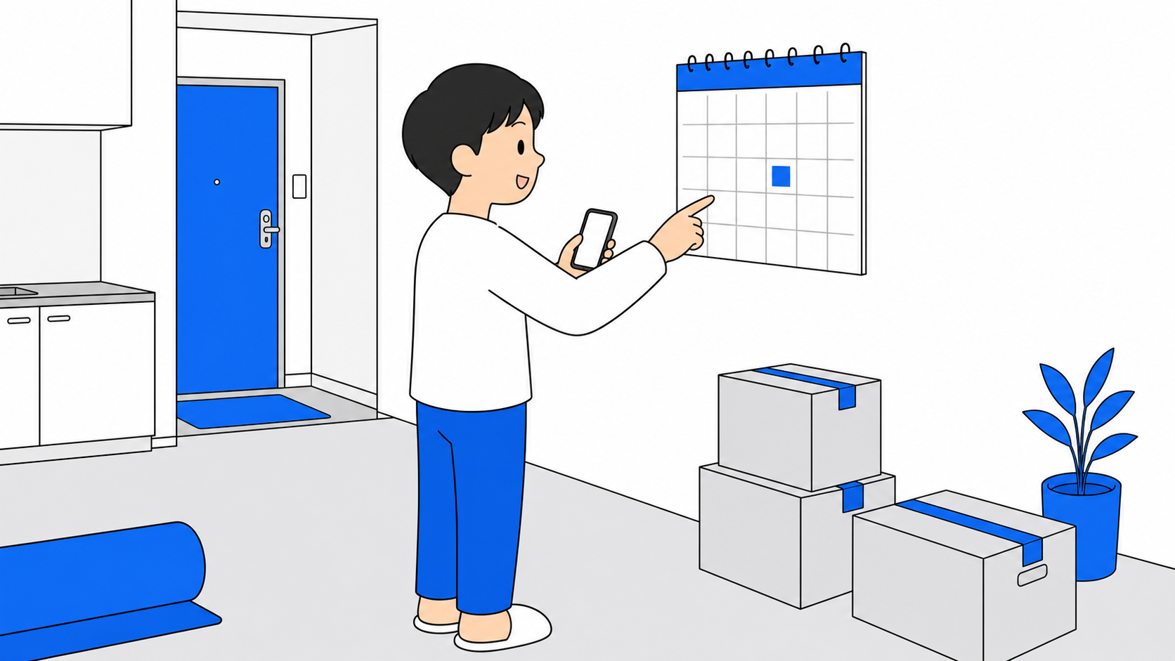引っ越し前の部屋でカレンダーを見ながら開通日を確認している人のイラスト