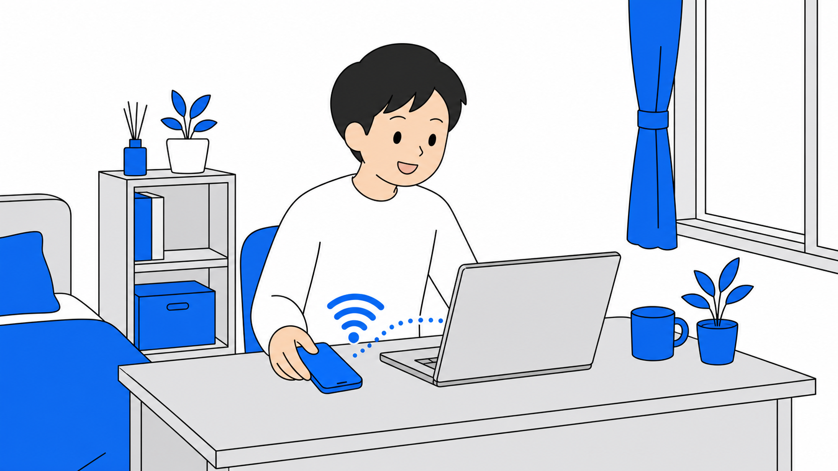 スマホのテザリングでパソコンをネットにつなぐ一人暮らしのイラスト