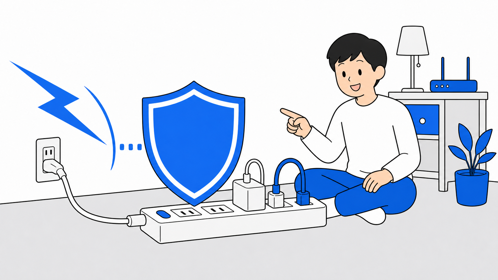 電源タップとLANケーブルを両方抜いて雷対策をしているイメージ