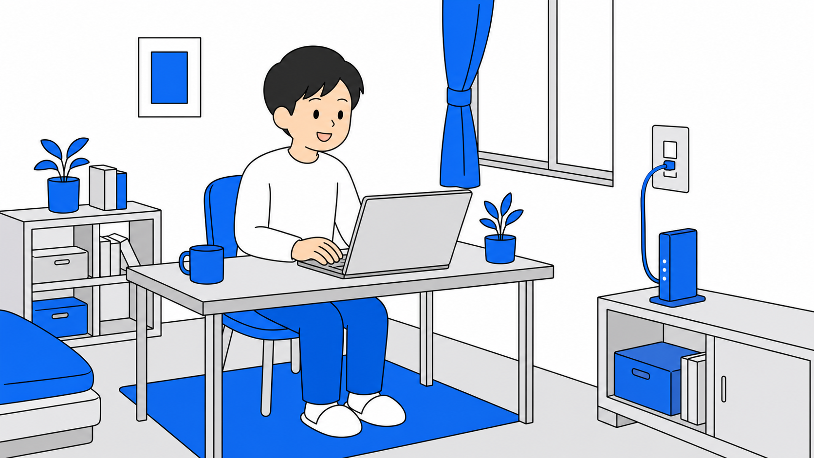 インターネット対応の部屋で自分で回線を契約する人のイラスト