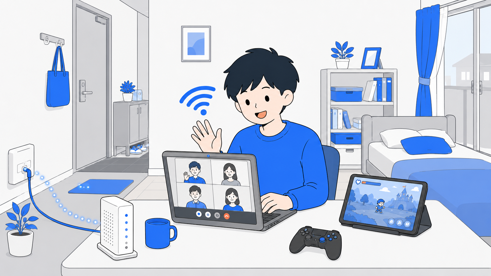 光回線のモデムと安定した高速通信をイメージしたイラスト