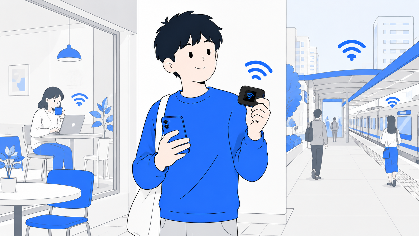ポケット型Wi-Fiを持って外出する一人暮らしの人のイラスト