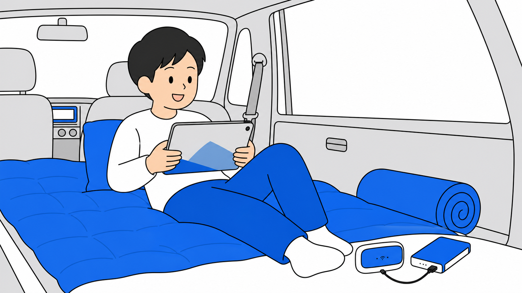 車中泊やキャンプでモバイルWi-Fiを使うイメージ