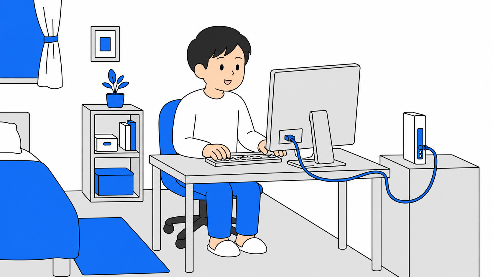 デスクのパソコンにLANケーブルを繋いで仕事する人のイラスト