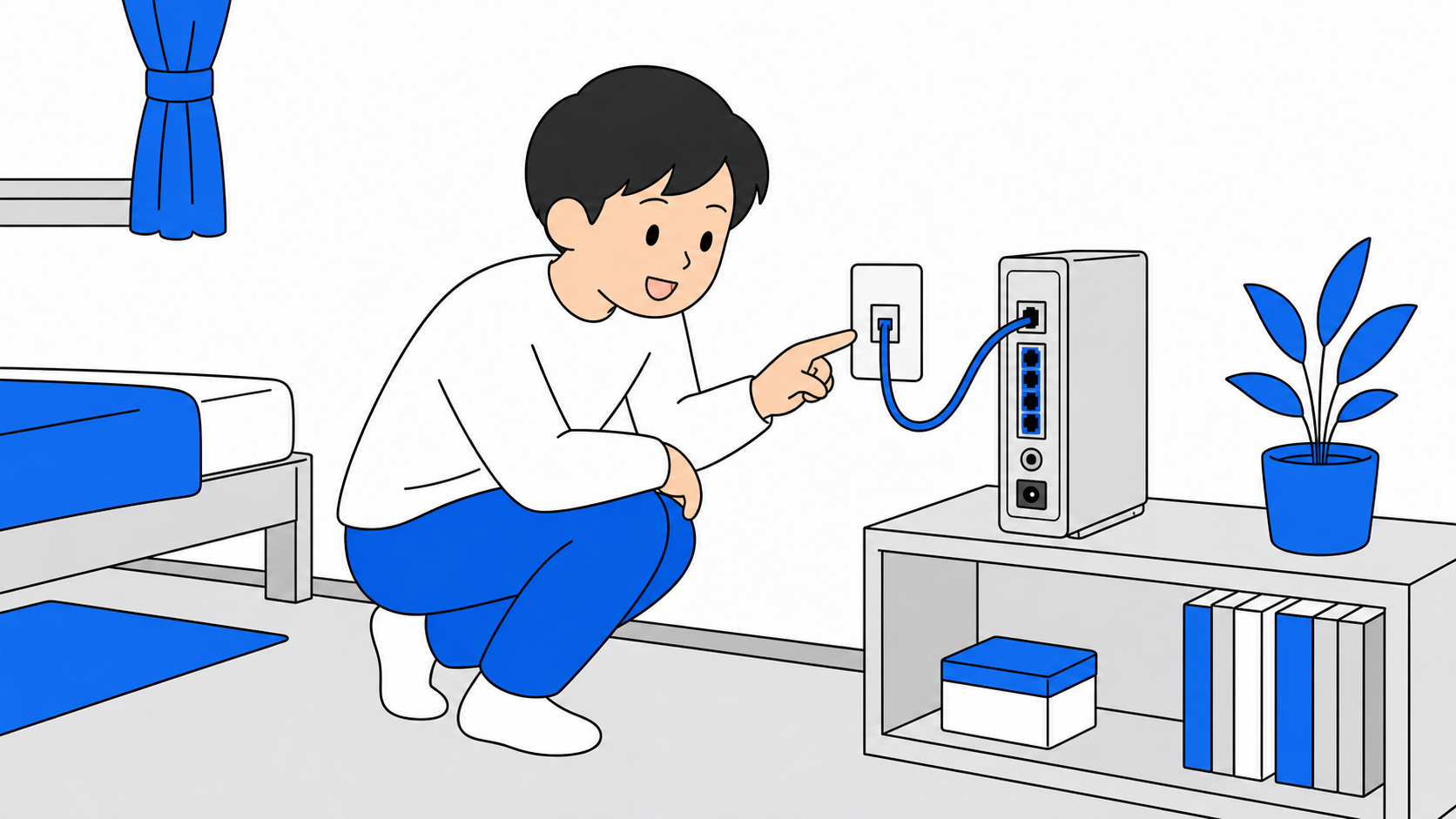 部屋の機器の表記や壁の差込口でVDSLか確認する様子のイラスト