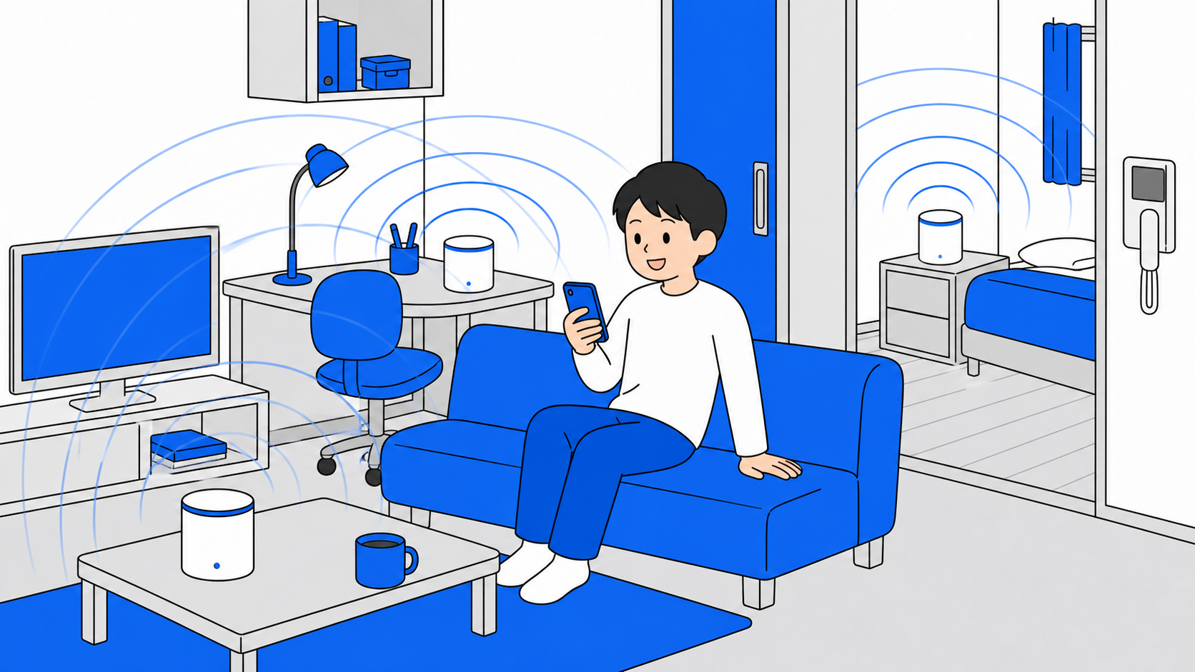 メッシュWi-Fiのユニットが家中に電波を張るイラスト