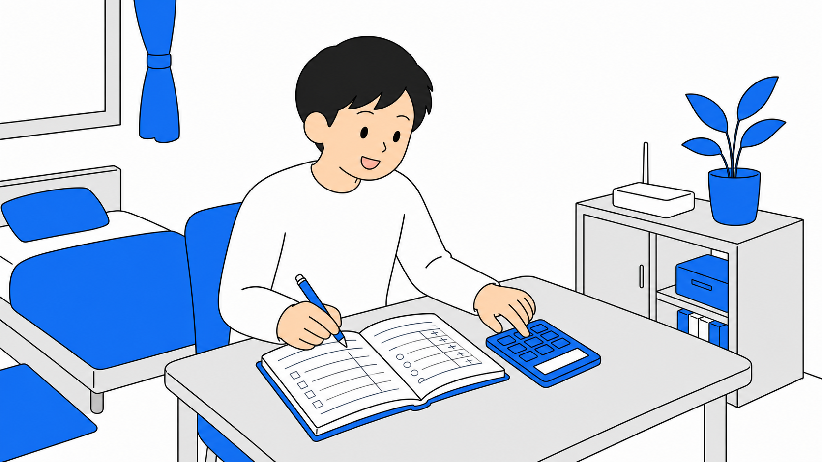 ノートに月額と工事費を書き出して電卓で合計を計算している人のイラスト