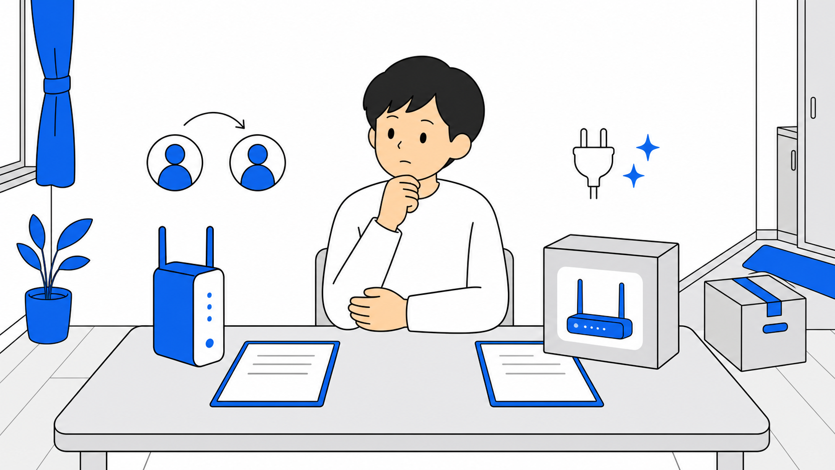 名義変更と契約し直しを比べて悩むイラスト