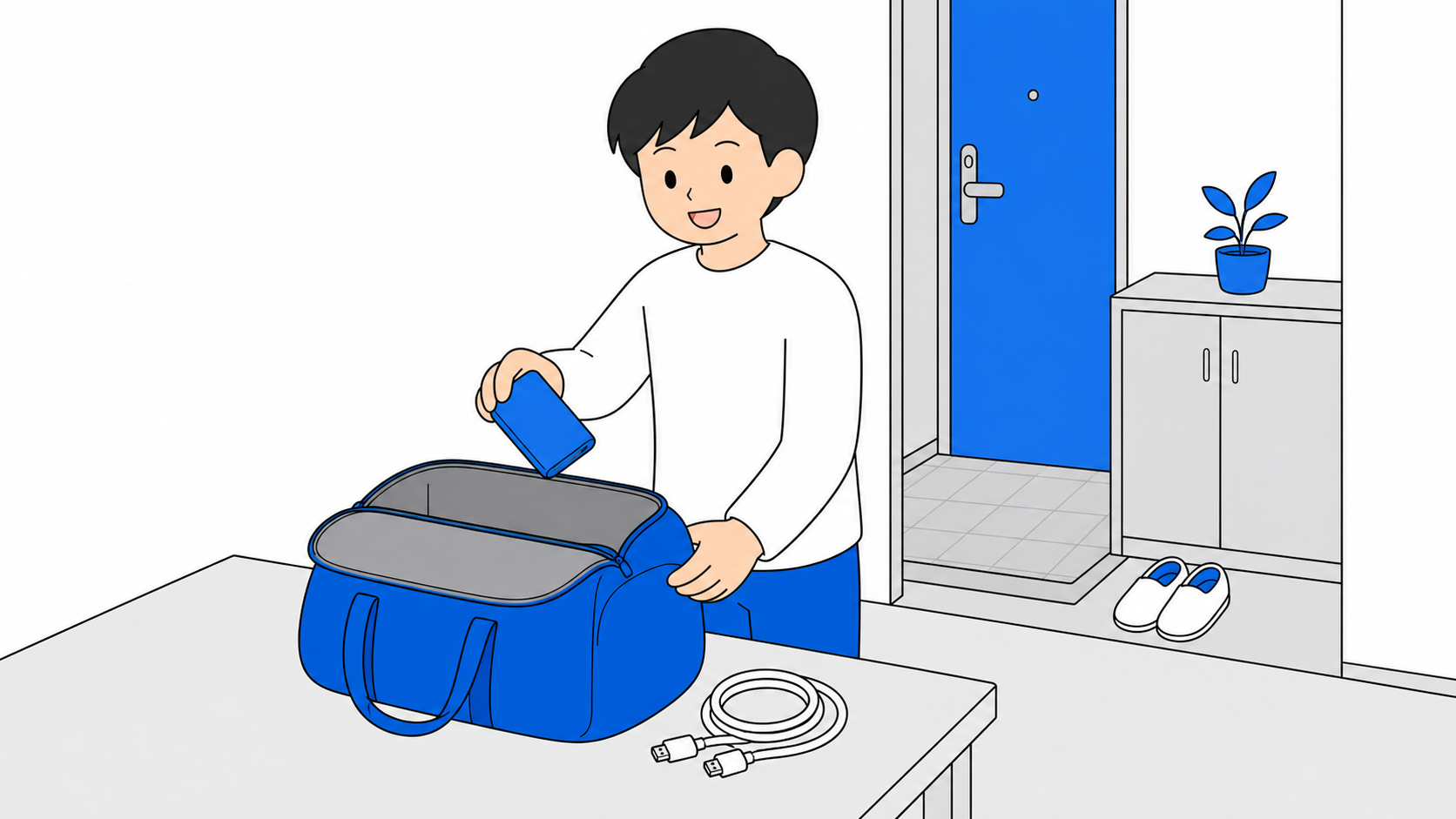 持ち運べるポケット型Wi-Fiルーターとカバンのイラスト