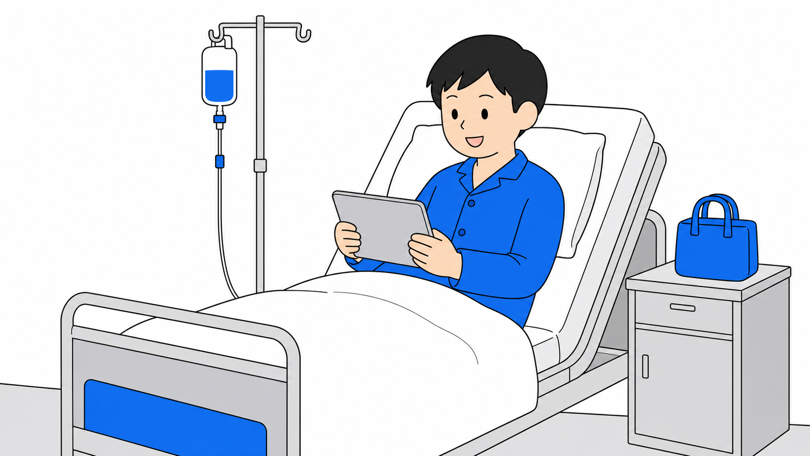 病室のベッドでタブレットを見ている入院患者のイラスト