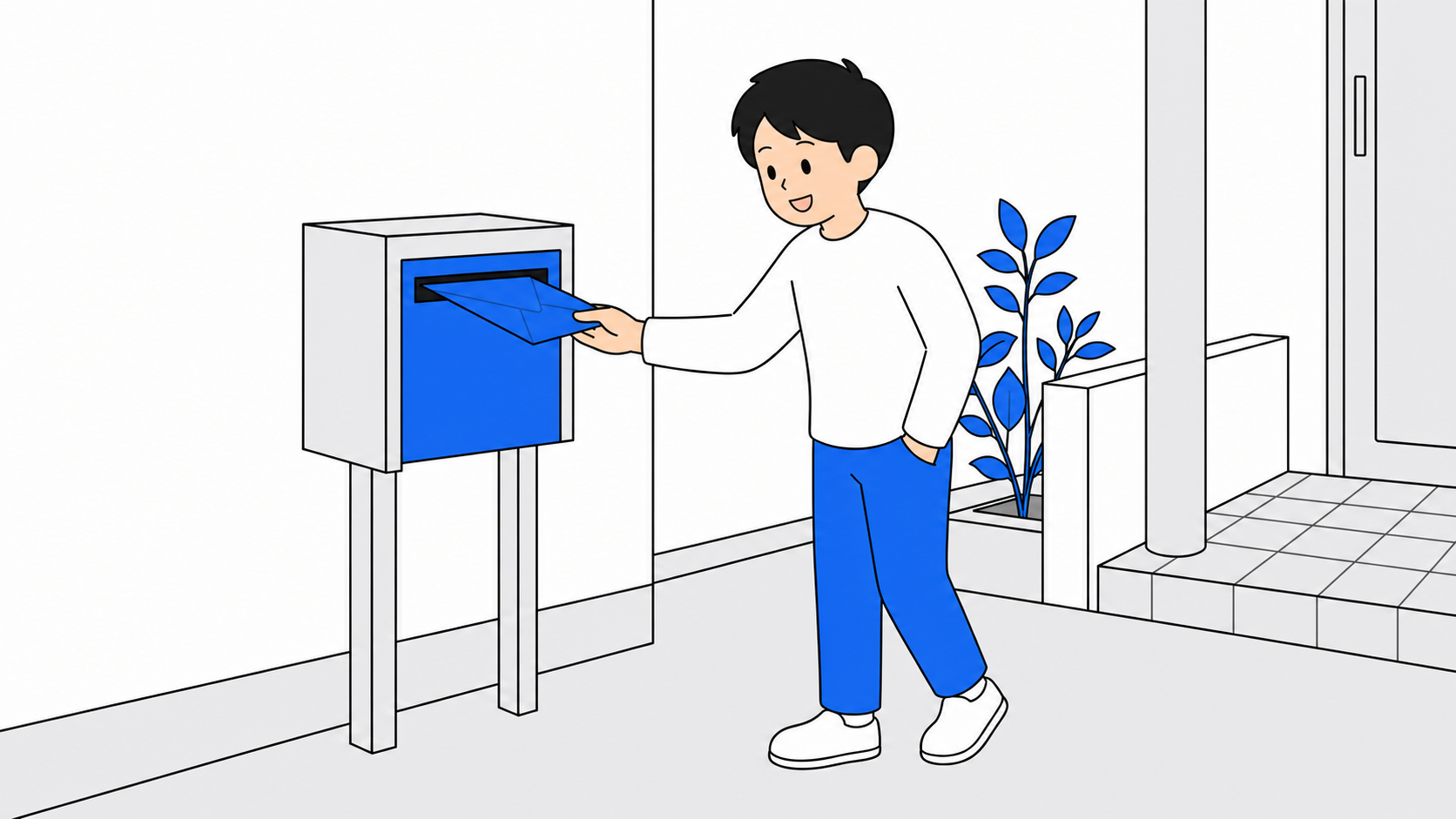 レンタルWi-Fiの返却封筒をポストに入れる人のイラスト
