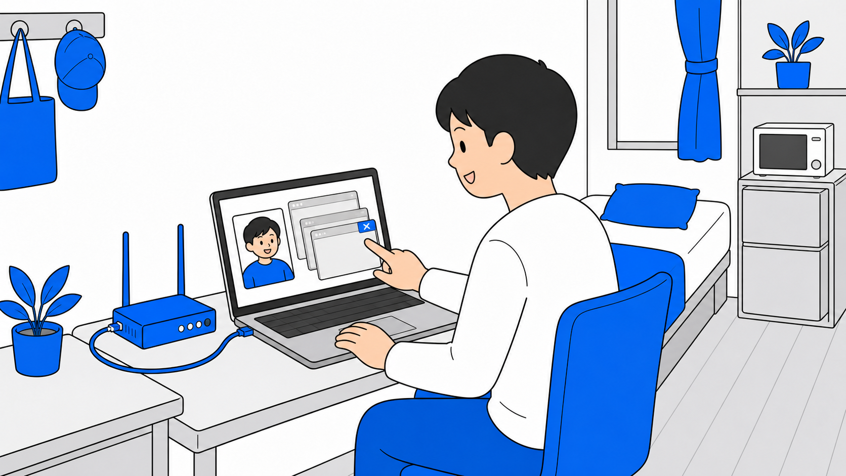 会議が固まるときの改善策(有線接続・ルーターの近く・不要アプリを閉じる)のイラスト