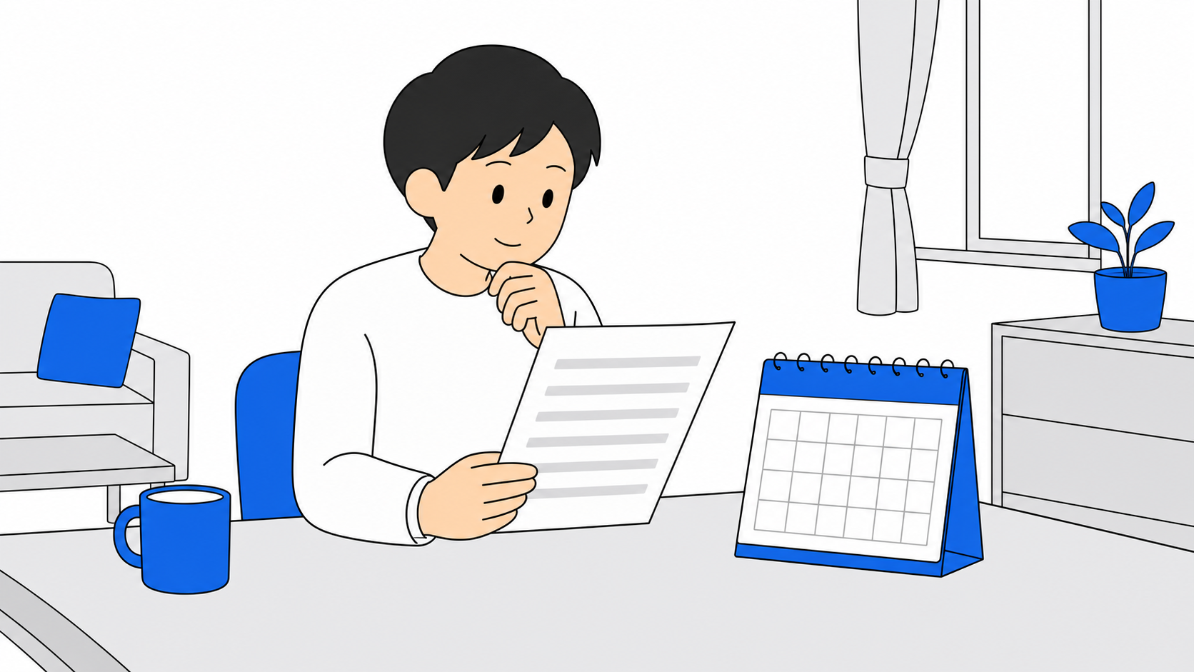 契約書とカレンダーで解除期間を確認する人のイラスト