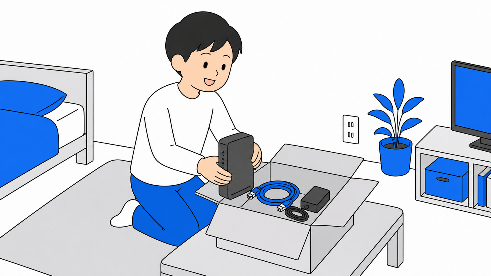 賃貸マンションの部屋で、回収キットに光回線のレンタル機器を詰めて返却の準備をしている人のイラスト