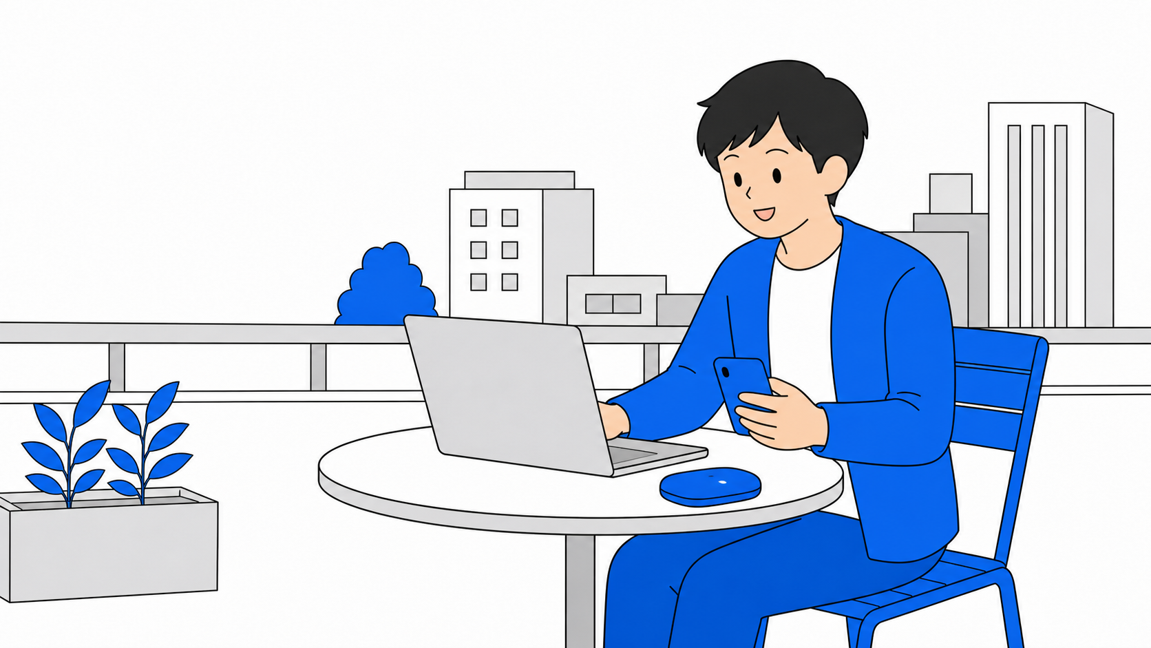 外出先でポケットWi-Fiを使う一人暮らしのイラスト