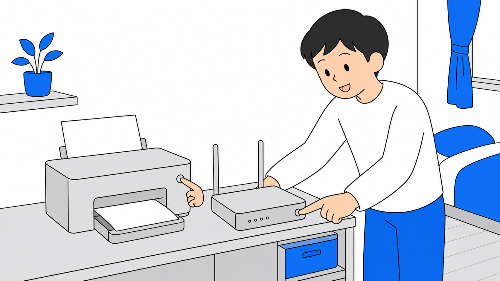 プリンターとルーターのWPSボタンを押して接続するイラスト
