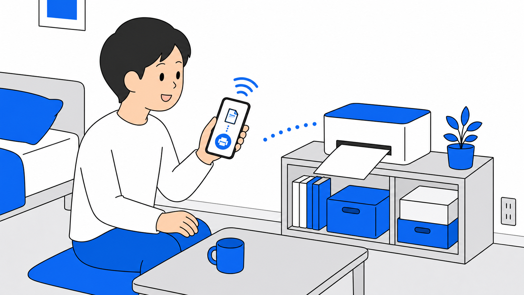 スマホの専用アプリからプリンターに印刷指示を送るイラスト