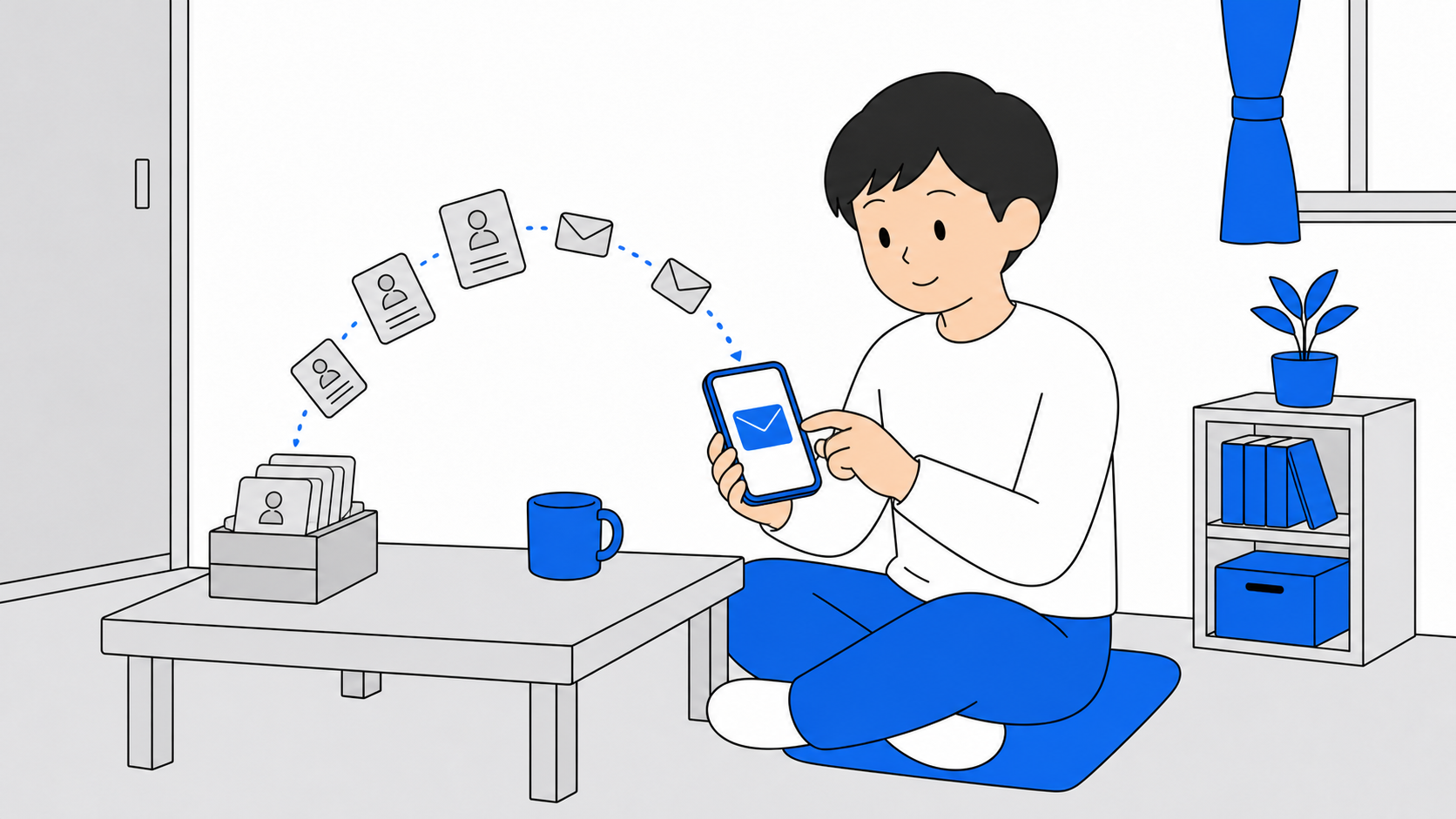 スマホでフリーメールに登録先を移し替える人のイラスト