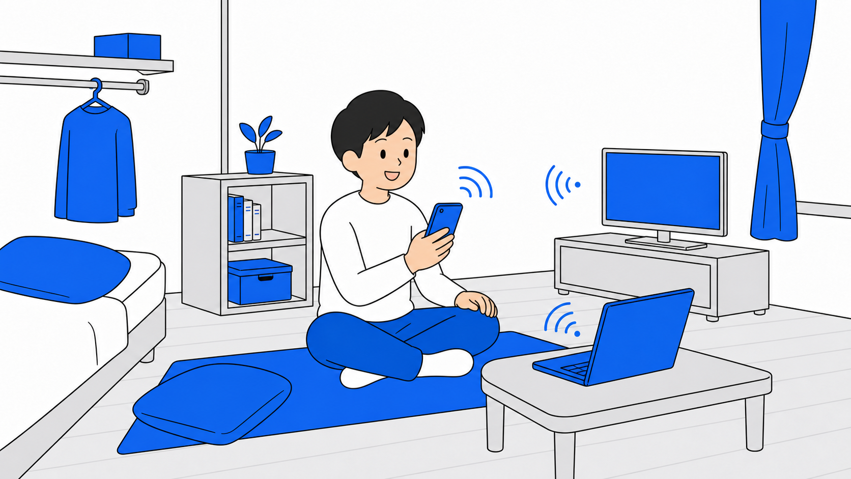 スマホ1台で家中のネットをまかなう一人暮らしのイラスト