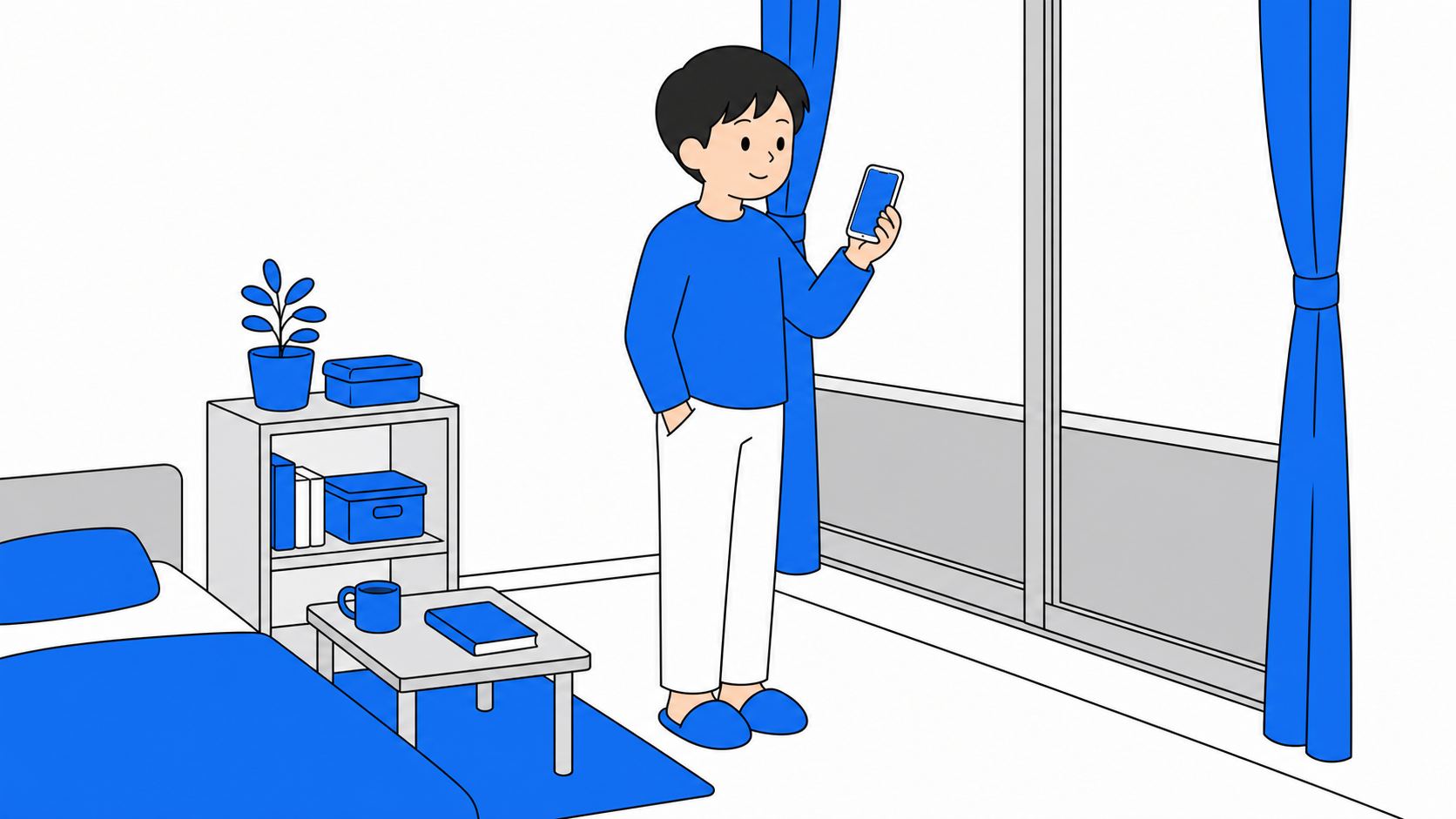 窓際でスマホの電波を確認する一人暮らしのイラスト
