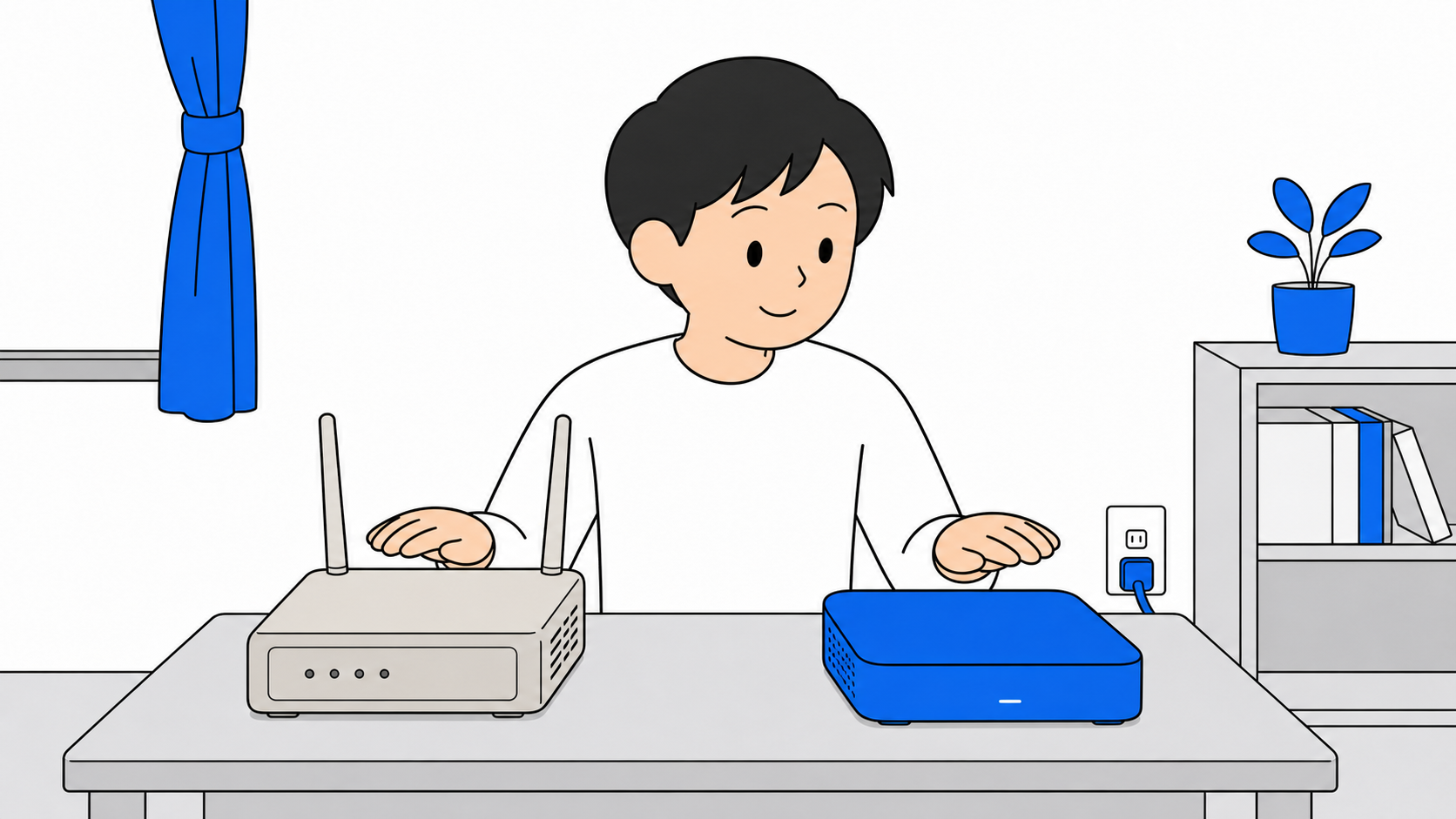古いWi-Fiルーターと新しいルーターを見比べる人のイラスト
