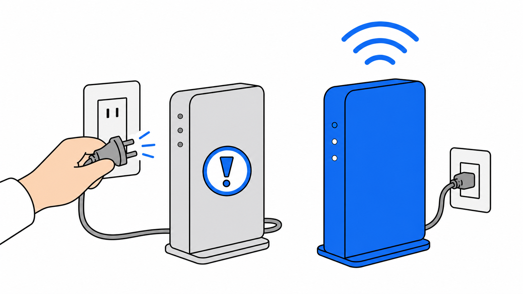 Wi-Fiルーターの買い替え後に古いルーターの電源プラグを抜いているイメージ