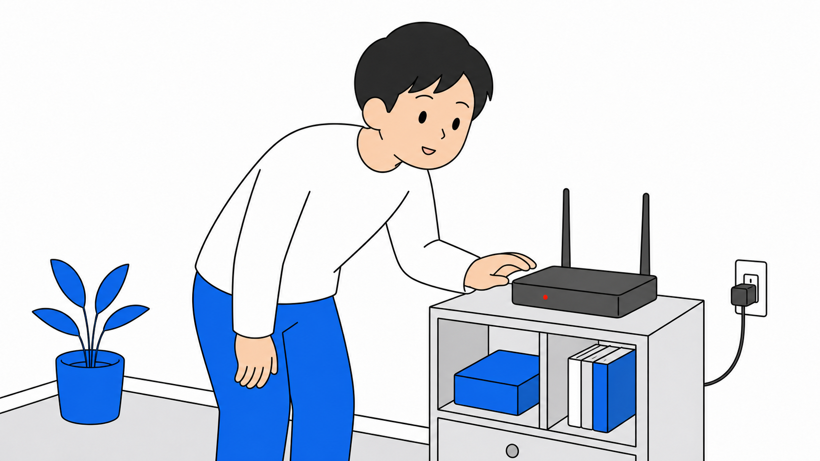 赤いランプが点いたルーターを確認する人のイラスト