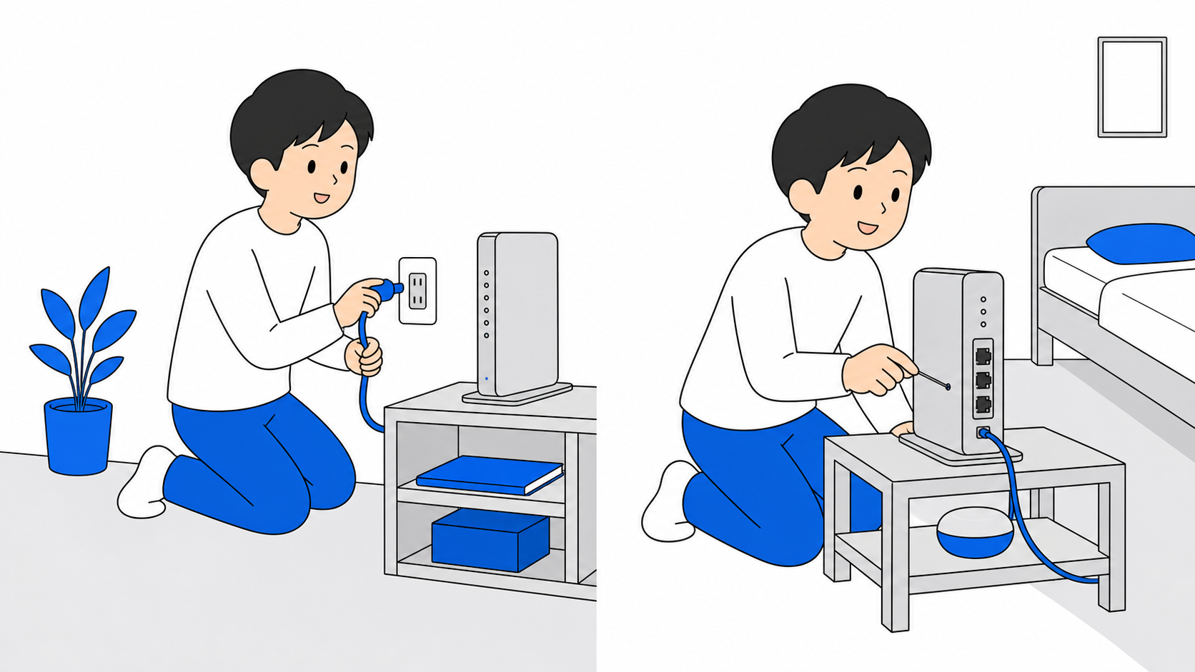 ルーターの再起動とリセットの違いを示すイラスト