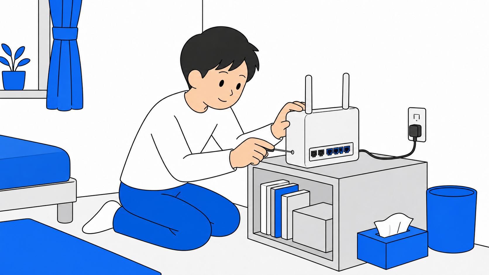 ルーターのリセットボタンを慎重に押す人のイラスト