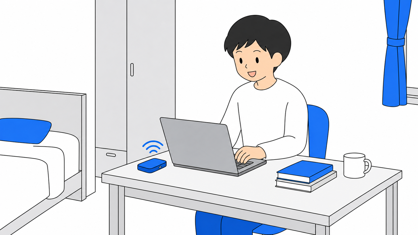 寮の部屋でノートパソコンとポケット型Wi-Fiを使う学生のイラスト