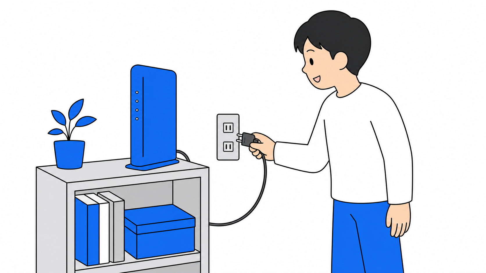 寮の部屋にコンセントで置くタイプのホームルーターのイラスト
